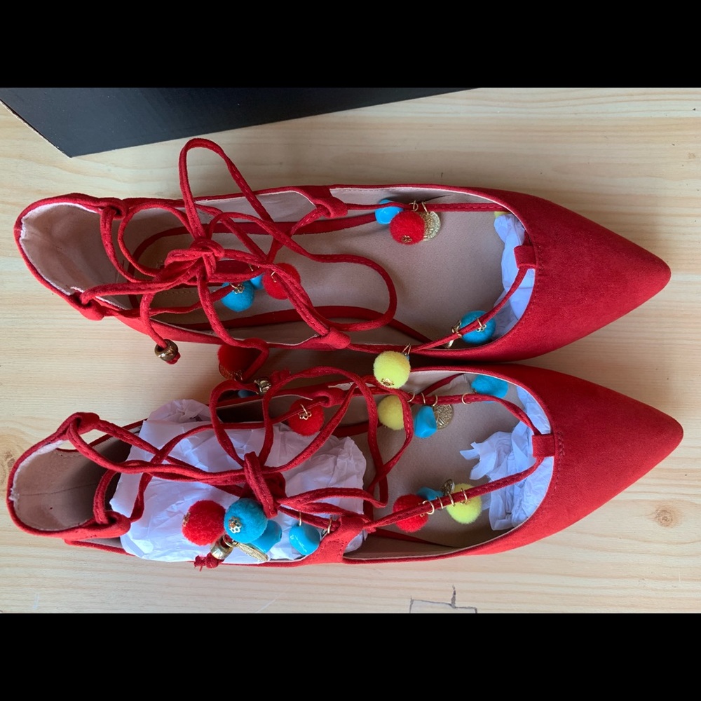 Red Faux Suede Lace-up flats with Pom Poms - Picture 6 of 7